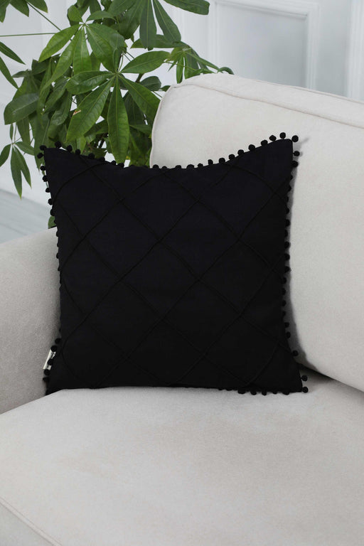 Boho Quilted Throw Pillow Cover with Pom-poms on the Edges, 18x18 Inches Plain Solid Colour Cushion Cover for Housewarming Gift,K-245 Black