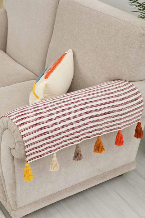 Boho Set of 2 Sofa Armrest Cover with Colourful Tassels, High Quality Striped Sofa Arm Protectors, Playful Tasseled Couch Arm Covers,KC-5