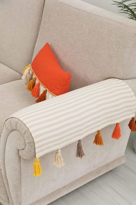 Boho Set of 2 Sofa Armrest Cover with Colourful Tassels, High Quality Striped Sofa Arm Protectors, Playful Tasseled Couch Arm Covers,KC-5