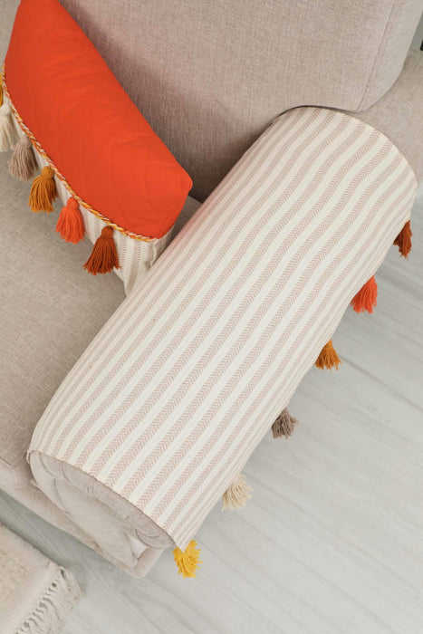 Boho Set of 2 Sofa Armrest Cover with Colourful Tassels, High Quality Striped Sofa Arm Protectors, Playful Tasseled Couch Arm Covers,KC-5