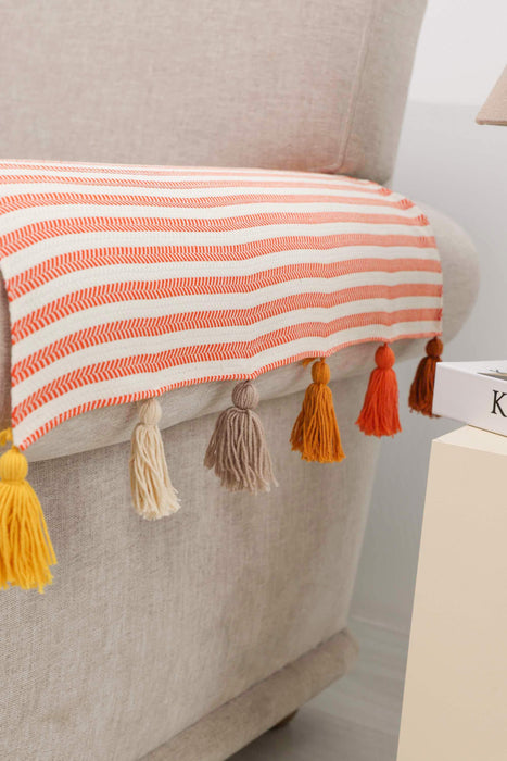 Boho Set of 2 Sofa Armrest Cover with Colourful Tassels, High Quality Striped Sofa Arm Protectors, Playful Tasseled Couch Arm Covers,KC-5