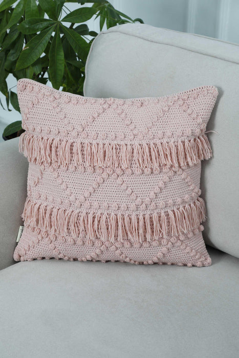 Boho Solid Throw Pillow Cover with Pom-poms made from Knit Fabric, 18x18 Inches Tasseled Cushion Cover for Elegant Home Decorations,K-267 Light Powder
