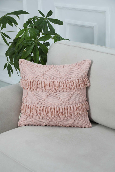 Boho Solid Throw Pillow Cover with Pom-poms made from Knit Fabric, 18x18 Inches Tasseled Cushion Cover for Elegant Home Decorations,K-267 Light Powder