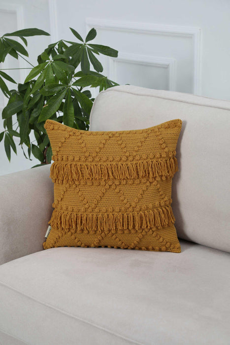 Boho Solid Throw Pillow Cover with Pom-poms made from Knit Fabric, 18x18 Inches Tasseled Cushion Cover for Elegant Home Decorations,K-267 Mustard Yellow