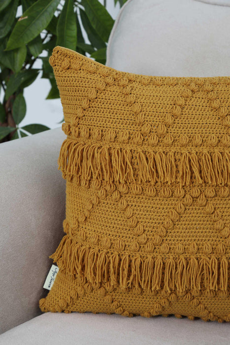 Boho Solid Throw Pillow Cover with Pom-poms made from Knit Fabric, 18x18 Inches Tasseled Cushion Cover for Elegant Home Decorations,K-267 Mustard Yellow
