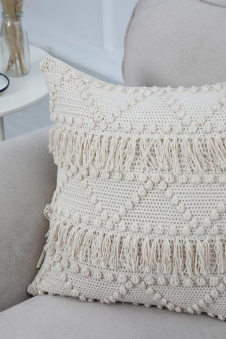 Boho Solid Throw Pillow Cover with Pom-poms made from Knit Fabric, 18x18 Inches Tasseled Cushion Cover for Elegant Home Decorations,K-267 Ivory