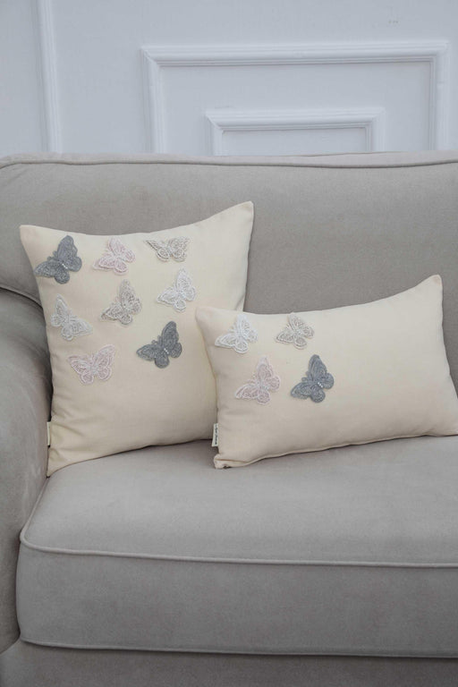 Solid Throw Pillow Cover with Lace Flying Butterflies, 20x12 Trendy Pillow Cover for Housewarming Gift, Fashionable Pillow Design,K-261 Ivory