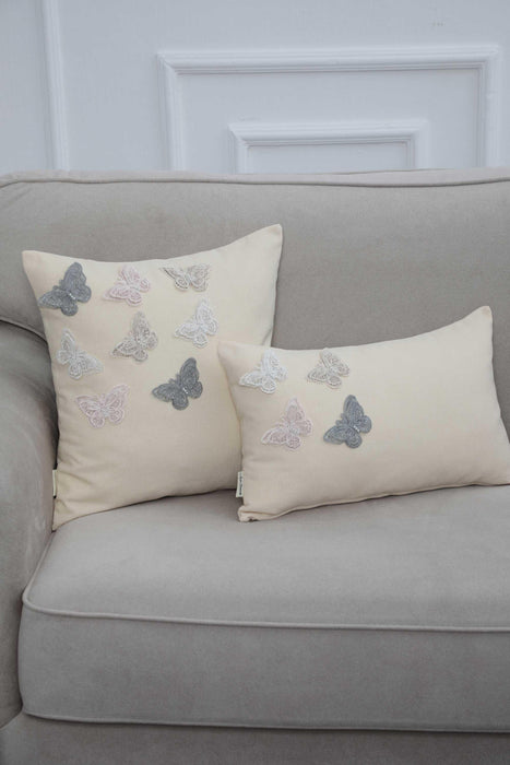 Fashionable Butterfly Pillow Cover, 18x18 Natural Linen Cushion Cover with Lace Butterflies, High Quality Animal Figured Pillow Cover,K-262 Ivory
