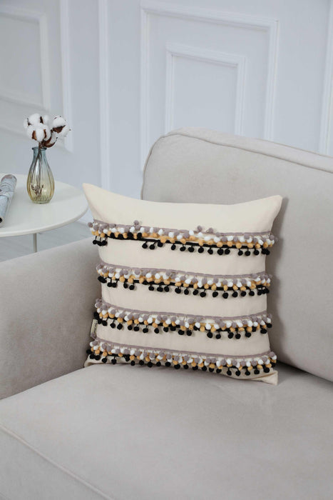 Pom-poms Galore 18x18 Pillow Cover, Decorative 18x18 Inches Throw Pillow Cover for Stylish Living Rooms and Outdoor, Housewarming Gift,K-257 Ivory