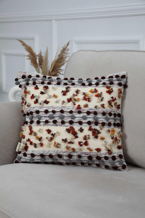 Boho Throw Pillow Cover with Pom-pom Details, Decorative 18x18 Inches Cushion Cover from Knit Fabric for Stylish Home Decorations,K-259 Multicolor-Beige