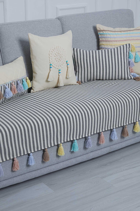 Boho Tassel Striped Sofa Cover for 3-Seater, 36x79 Inches Modern Farmhouse Couch Cover, Machine Washable Living Room Sofa Cover,KO-20