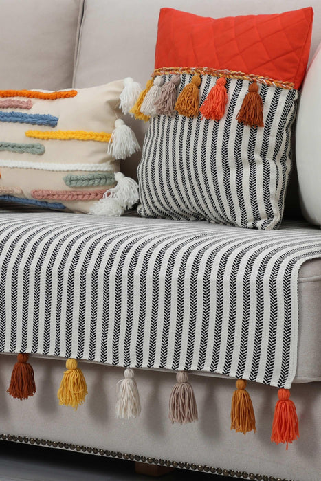 Boho Tassel Striped Sofa Cover for 3-Seater, 36x79 Inches Modern Farmhouse Couch Cover, Machine Washable Living Room Sofa Cover,KO-20