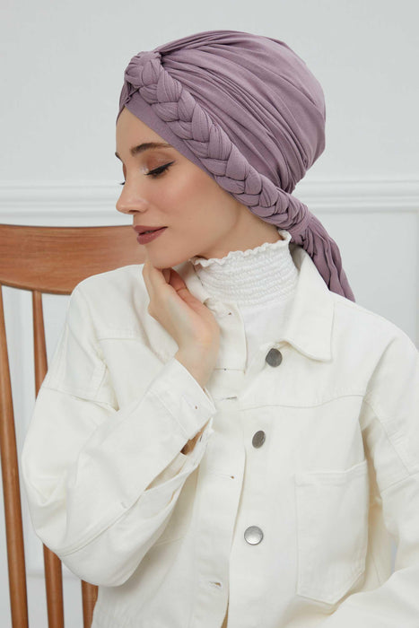 Chic Braided-Design Instant Turban, Fashionable & Comfortable Muslim Lightweight Headscarf, Easy to Wear Jersey Hijab, Elegant Headwrap,B-3 Lilac
