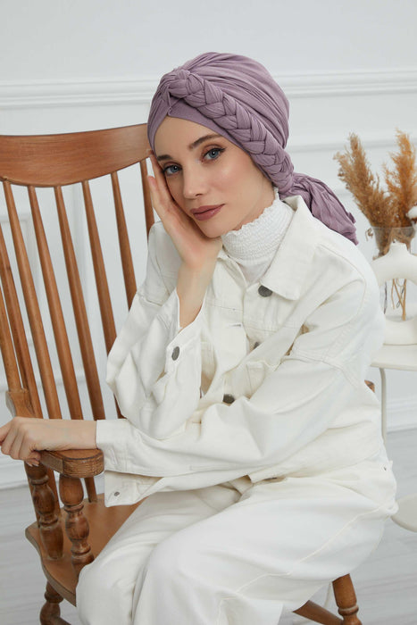 Chic Braided-Design Instant Turban, Fashionable & Comfortable Muslim Lightweight Headscarf, Easy to Wear Jersey Hijab, Elegant Headwrap,B-3 Lilac
