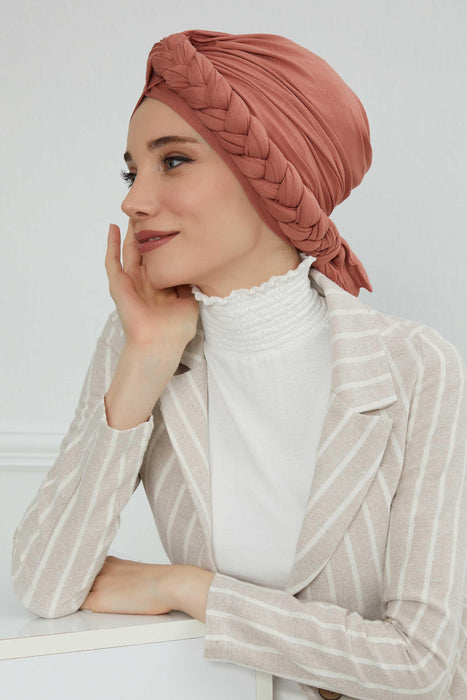 Chic Braided-Design Instant Turban, Fashionable & Comfortable Muslim Lightweight Headscarf, Easy to Wear Jersey Hijab, Elegant Headwrap,B-3 Salmon