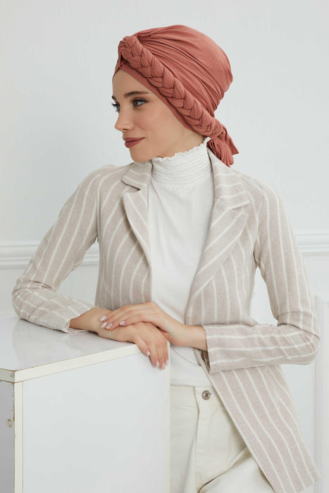 Chic Braided-Design Instant Turban, Fashionable & Comfortable Muslim Lightweight Headscarf, Easy to Wear Jersey Hijab, Elegant Headwrap,B-3 Salmon