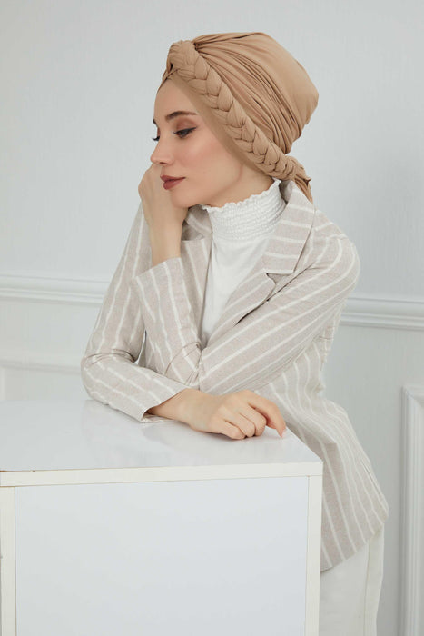 Chic Braided-Design Instant Turban, Fashionable & Comfortable Muslim Lightweight Headscarf, Easy to Wear Jersey Hijab, Elegant Headwrap,B-3 Sand Brown