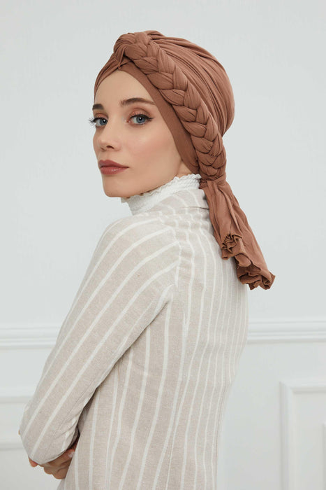 Chic Braided-Design Instant Turban, Fashionable & Comfortable Muslim Lightweight Headscarf, Easy to Wear Jersey Hijab, Elegant Headwrap,B-3 Sand Brown
