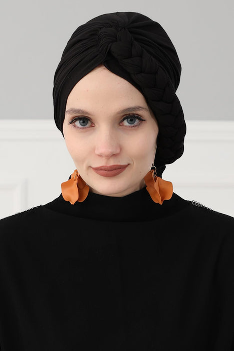 Chic Braided-Design Instant Turban, Fashionable & Comfortable Muslim Lightweight Headscarf, Easy to Wear Jersey Hijab, Elegant Headwrap,B-3 Black