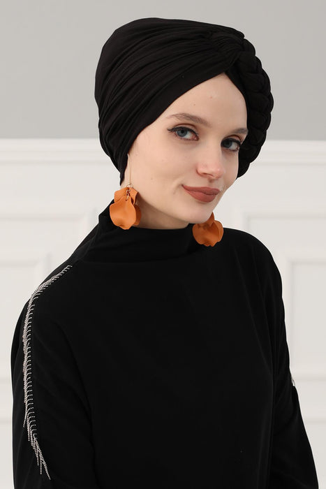 Chic Braided-Design Instant Turban, Fashionable & Comfortable Muslim Lightweight Headscarf, Easy to Wear Jersey Hijab, Elegant Headwrap,B-3 Black