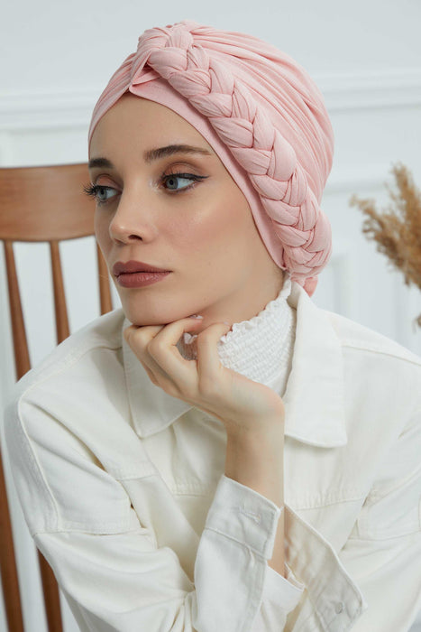 Chic Braided-Design Instant Turban, Fashionable & Comfortable Muslim Lightweight Headscarf, Easy to Wear Jersey Hijab, Elegant Headwrap,B-3 Powder
