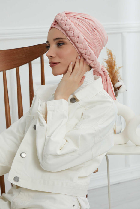 Chic Braided-Design Instant Turban, Fashionable & Comfortable Muslim Lightweight Headscarf, Easy to Wear Jersey Hijab, Elegant Headwrap,B-3 Powder