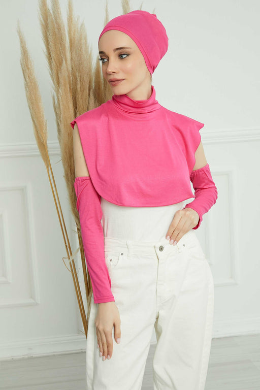 Bundle of 4 Modern Turban Tops with Sleeves, Colourful Bonnet, Decollete Concealer Cover and Dual Arm Warmers Set for Modest Fashion,KPT-3 Fuchsia