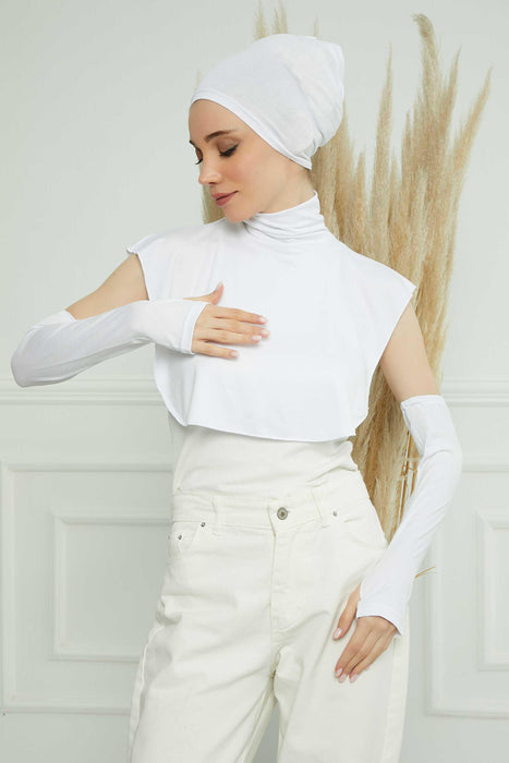 Bundle of 4 Modern Turban Tops with Sleeves, Colourful Bonnet, Decollete Concealer Cover and Dual Arm Warmers Set for Modest Fashion,KPT-3 White