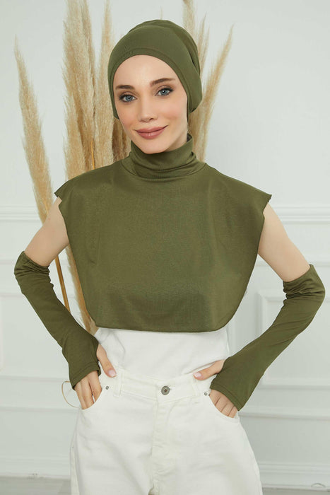 Bundle of 4 Modern Turban Tops with Sleeves, Colourful Bonnet, Decollete Concealer Cover and Dual Arm Warmers Set for Modest Fashion,KPT-3 Army Green