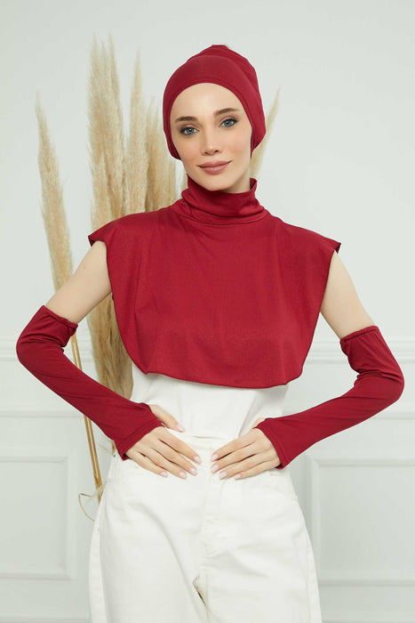 Bundle of 4 Modern Turban Tops with Sleeves, Colourful Bonnet, Decollete Concealer Cover and Dual Arm Warmers Set for Modest Fashion,KPT-3 Maroon