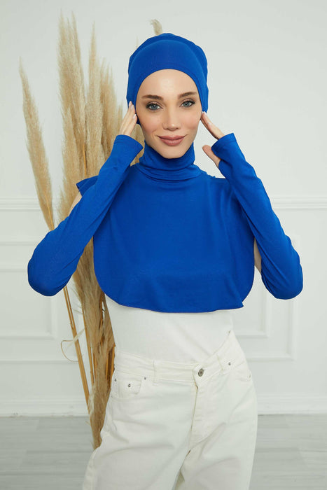 Bundle of 4 Modern Turban Tops with Sleeves, Colourful Bonnet, Decollete Concealer Cover and Dual Arm Warmers Set for Modest Fashion,KPT-3 Sax Blue