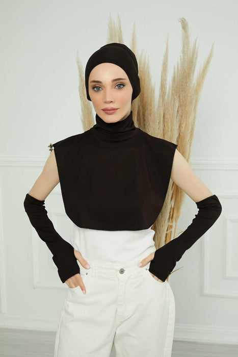 Bundle of 4 Modern Turban Tops with Sleeves, Colourful Bonnet, Decollete Concealer Cover and Dual Arm Warmers Set for Modest Fashion,KPT-3 Black