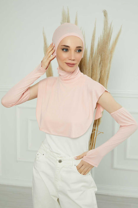 Bundle of 4 Modern Turban Tops with Sleeves, Colourful Bonnet, Decollete Concealer Cover and Dual Arm Warmers Set for Modest Fashion,KPT-3 Powder