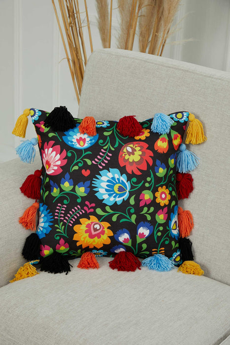 Carnival Themed Cushion Cover with Plenty of Colourful Tassels, 18x18 Inches Printed Floral Pillow Cover Tasseled Design,K-277