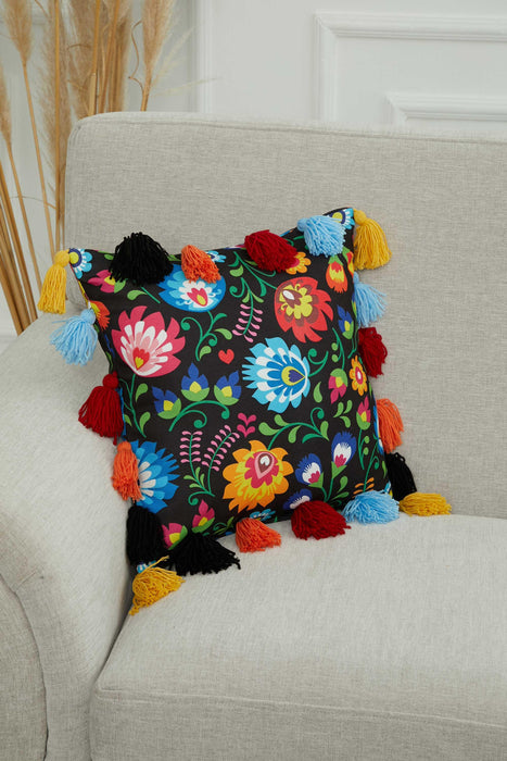 Carnival Themed Cushion Cover with Plenty of Colourful Tassels, 18x18 Inches Printed Floral Pillow Cover Tasseled Design,K-277