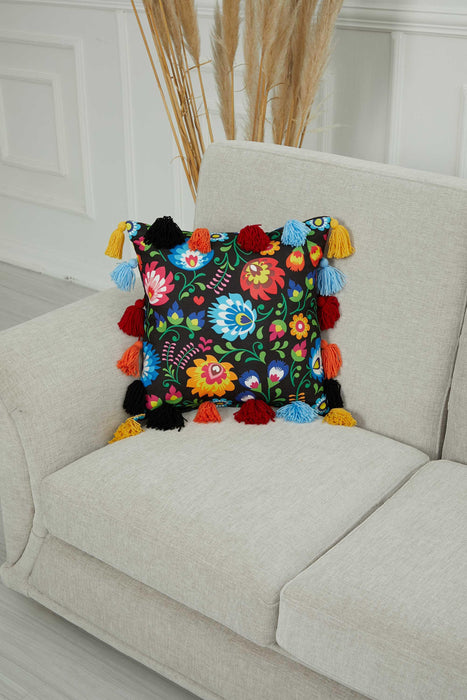 Carnival Themed Cushion Cover with Plenty of Colourful Tassels, 18x18 Inches Printed Floral Pillow Cover Tasseled Design,K-277 Suzani Pattern 28