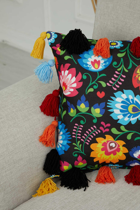 Carnival Themed Cushion Cover with Plenty of Colourful Tassels, 18x18 Inches Printed Floral Pillow Cover Tasseled Design,K-277