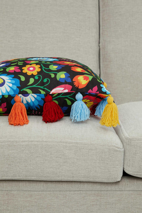 Carnival Themed Cushion Cover with Plenty of Colourful Tassels, 18x18 Inches Printed Floral Pillow Cover Tasseled Design,K-277