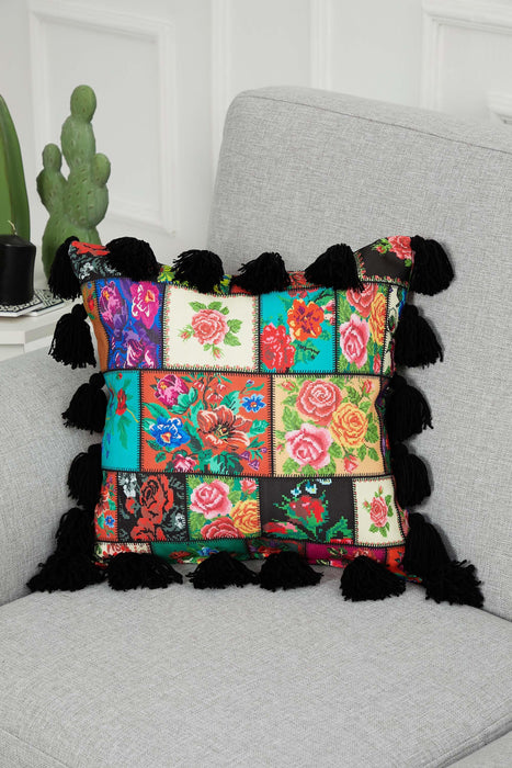 Carnival Themed Cushion Cover with Plenty of Colourful Tassels, 18x18 Inches Printed Floral Pillow Cover Tasseled Design,K-277