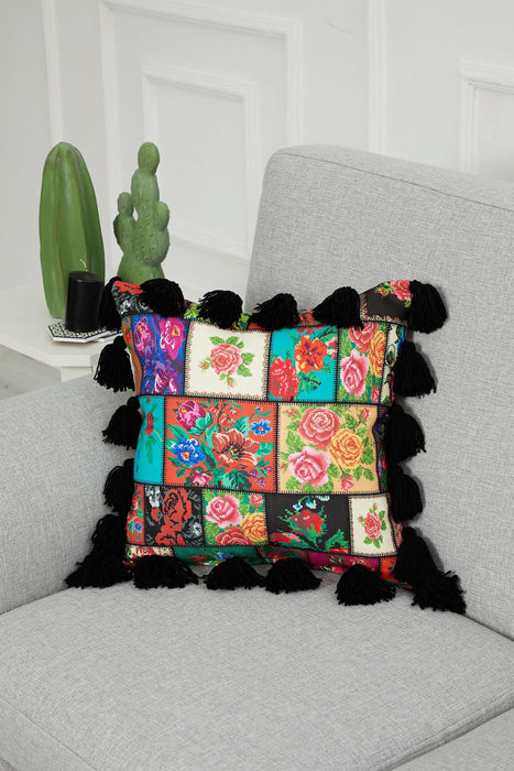 Carnival Themed Cushion Cover with Plenty of Colourful Tassels, 18x18 Inches Printed Floral Pillow Cover Tasseled Design,K-277