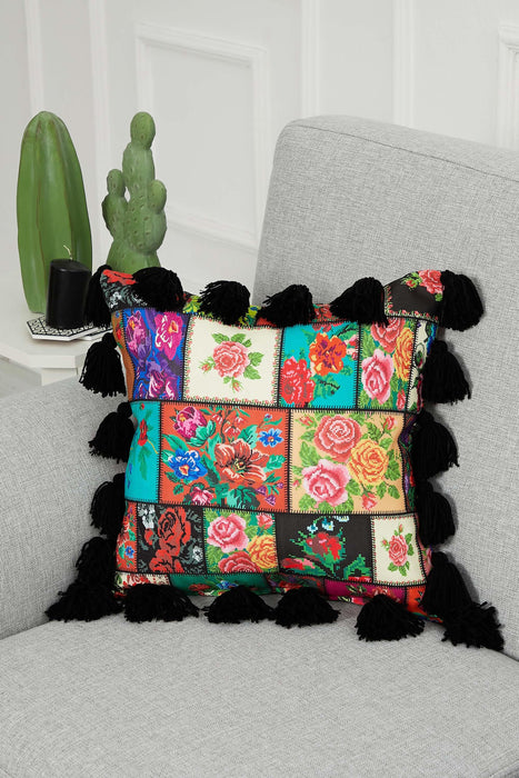 Carnival Themed Cushion Cover with Plenty of Colourful Tassels, 18x18 Inches Printed Floral Pillow Cover Tasseled Design,K-277