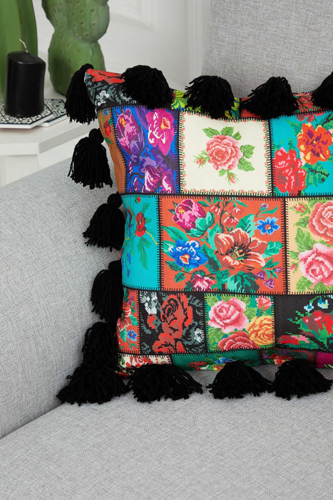 Carnival Themed Cushion Cover with Plenty of Colourful Tassels, 18x18 Inches Printed Floral Pillow Cover Tasseled Design,K-277