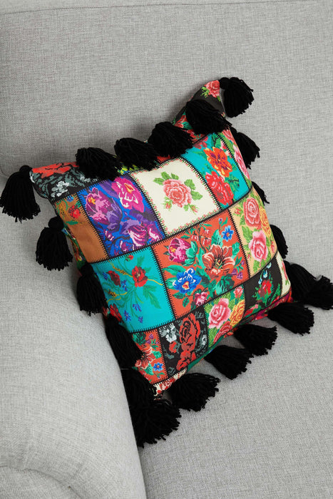 Carnival Themed Cushion Cover with Plenty of Colourful Tassels, 18x18 Inches Printed Floral Pillow Cover Tasseled Design,K-277