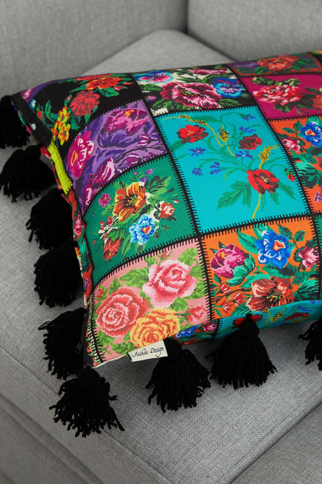 Carnival Themed Cushion Cover with Plenty of Colourful Tassels, 18x18 Inches Printed Floral Pillow Cover Tasseled Design,K-277