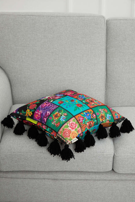 Carnival Themed Cushion Cover with Plenty of Colourful Tassels, 18x18 Inches Printed Floral Pillow Cover Tasseled Design,K-277