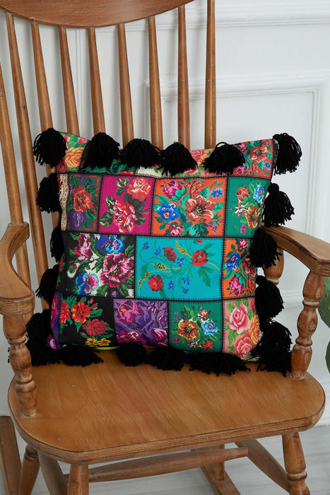 Carnival Themed Cushion Cover with Plenty of Colourful Tassels, 18x18 Inches Printed Floral Pillow Cover Tasseled Design,K-277