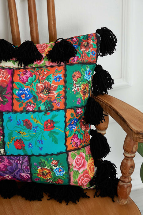 Carnival Themed Cushion Cover with Plenty of Colourful Tassels, 18x18 Inches Printed Floral Pillow Cover Tasseled Design,K-277 Suzani Pattern 41