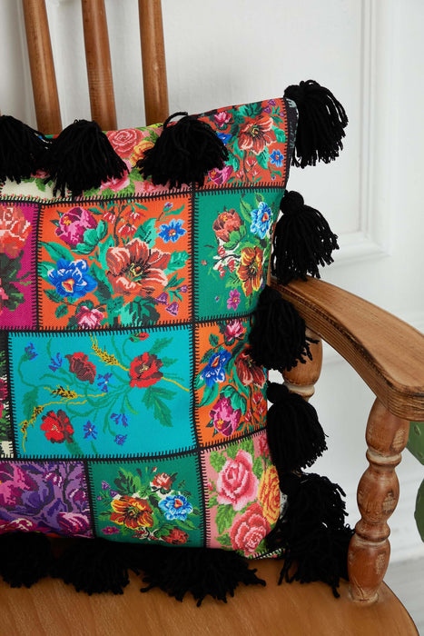 Carnival Themed Cushion Cover with Plenty of Colourful Tassels, 18x18 Inches Printed Floral Pillow Cover Tasseled Design,K-277