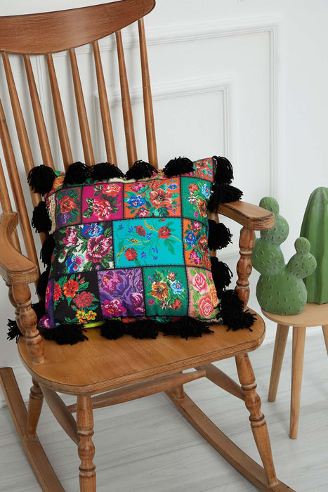 Carnival Themed Cushion Cover with Plenty of Colourful Tassels, 18x18 Inches Printed Floral Pillow Cover Tasseled Design,K-277