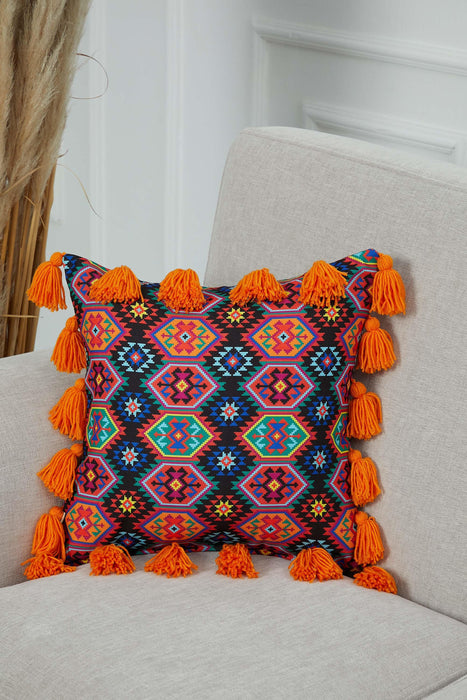 Carnival Themed Cushion Cover with Plenty of Colourful Tassels, 18x18 Inches Printed Floral Pillow Cover Tasseled Design,K-277